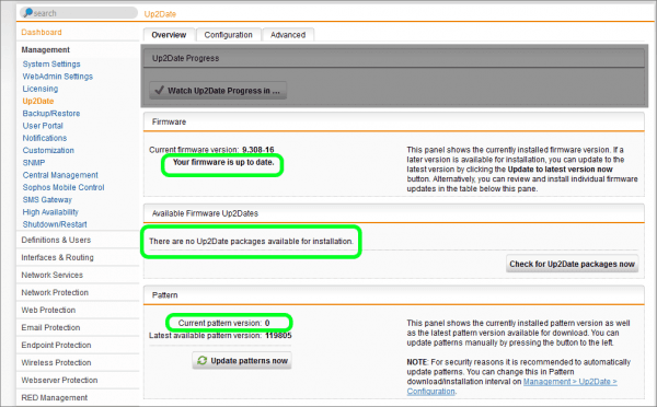 Sophos UTM Up2Date Settings