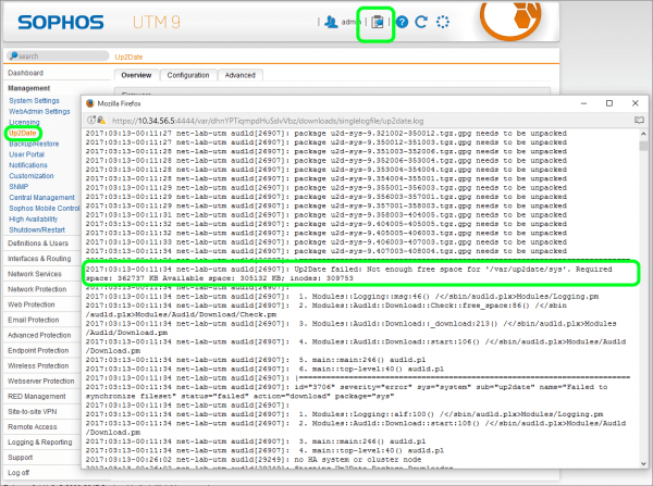 Sophos UTM Up2Date Log