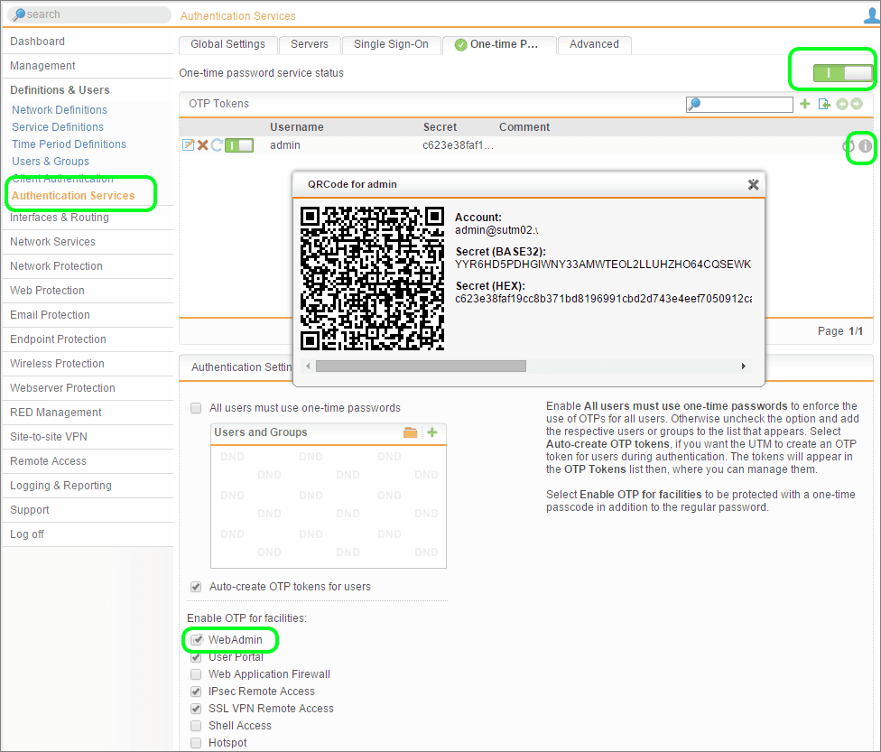 Sophos UTM OTP configuration for Admins - Two Factor Authentication techniques
