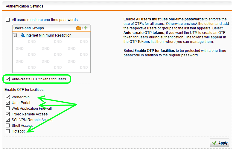 Specifying OTP requiring facilities on Sophos UTM