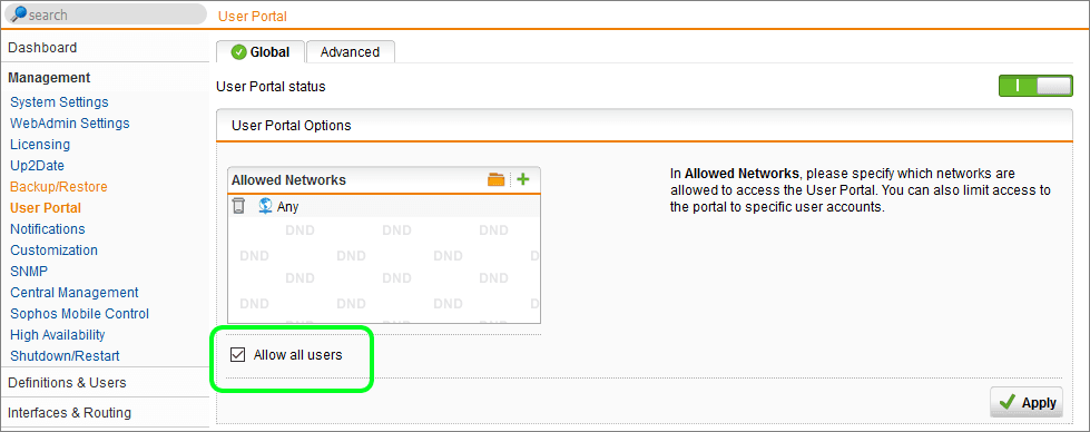 Enable user access to Sophos UTM User Portal