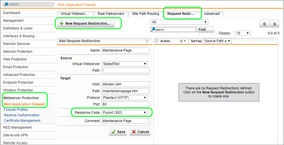 Sophos UTM Request Redirect to Maintenance Page