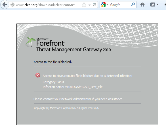 Forefront TMG Block Page - Blocked Due to Infection